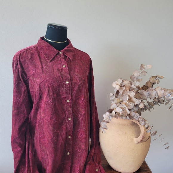 St. John's Bay Burgundy Corduroy Paisley Shirt 100 Cotton Sz XL Vintage - Picture 1 of 5